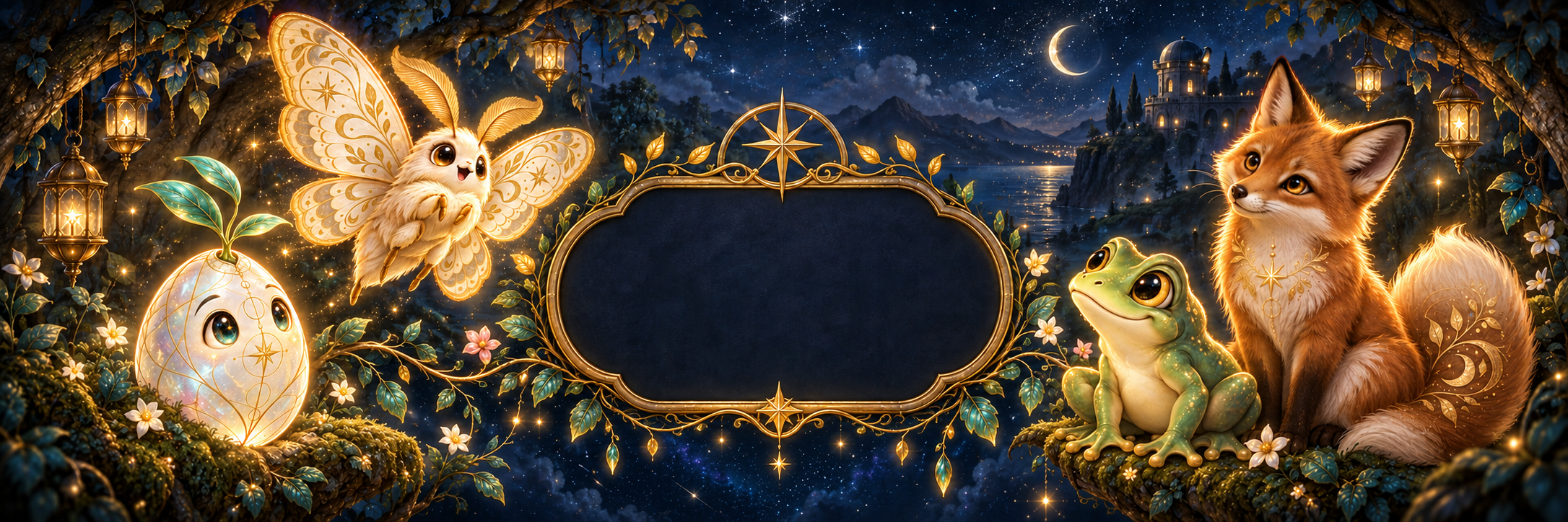 Seed and Vesper join Frog and Fox on leafy side ledges around a golden visitor counter, supported by luminous branches above an open night sky.