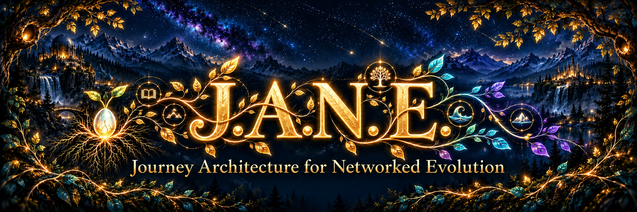 J.A.N.E. — Journey Architecture for Networked Evolution. Golden growth from a luminous seed stretches into a mountain and observatory world, with small welcoming tree hollows.