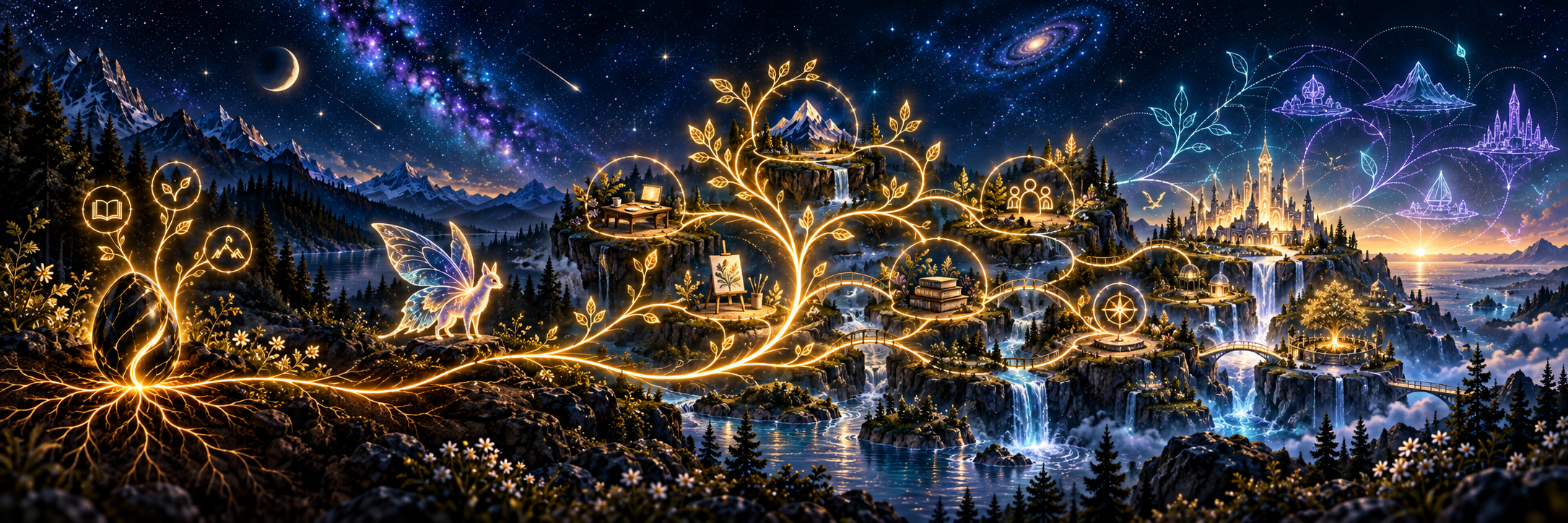 A panoramic JANE system grows from one rooted golden seed into connected projects, tools, milestones and places. Continuous gold paths trace established lineage, while teal and violet outlines suggest possible future branches.